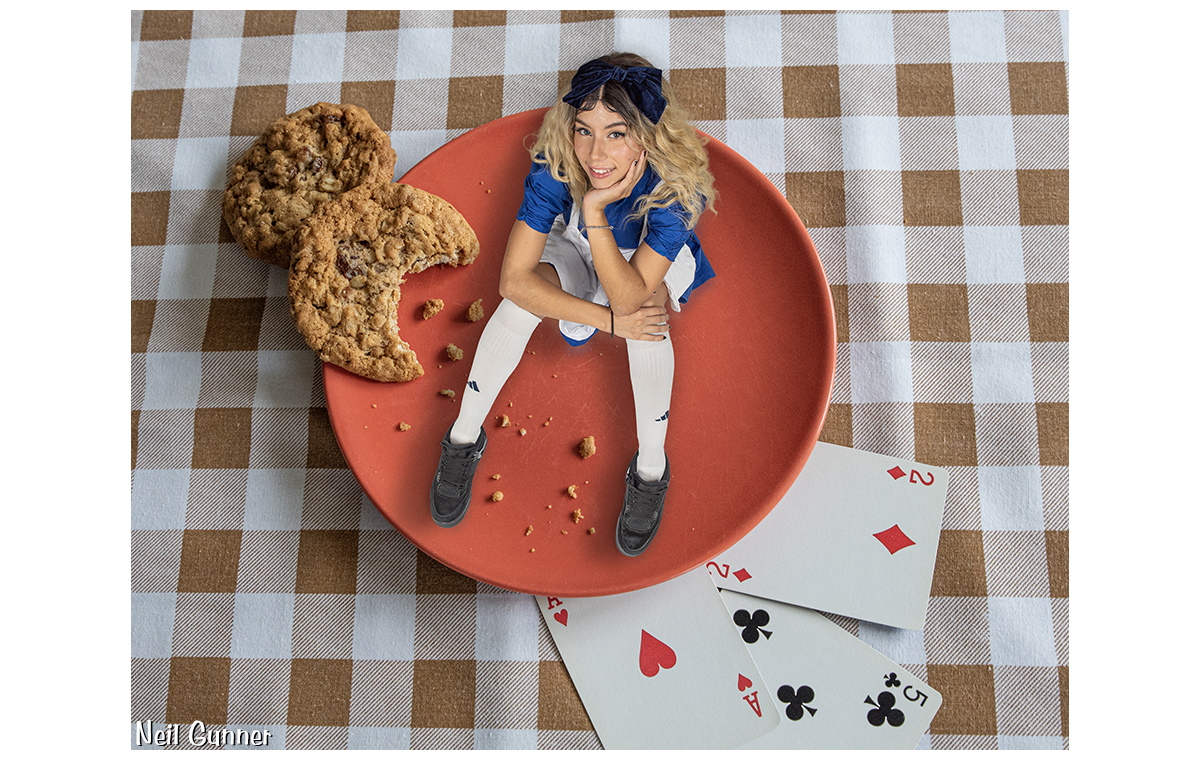 Tiny Alice sits on a plate after eating a shrinking cookie