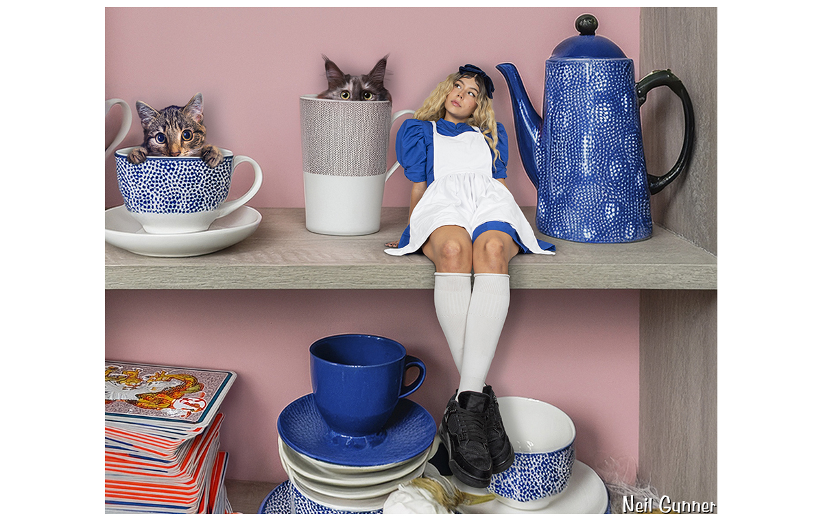 Tiny Alice sits on a shelf amidst tea cups, with cat companions peeking out of cups